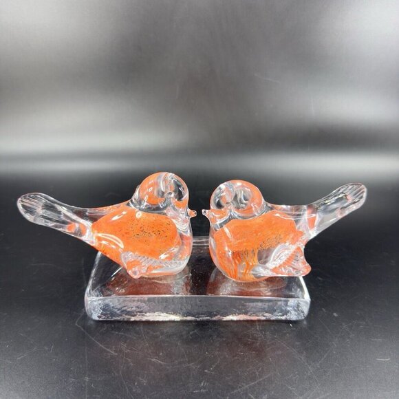 Vintage Murano ICET Hand Blown Glass Love Birds On Clear Block Sculpture Orange - Picture 9 of 14